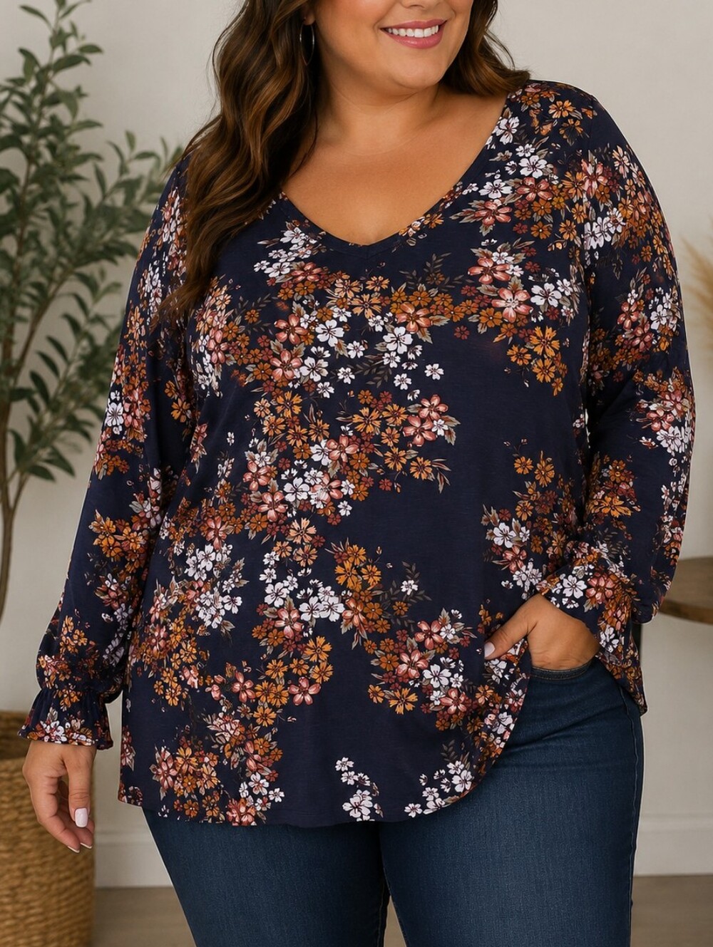 Floral V-Neck Long Sleeve Top - Navy